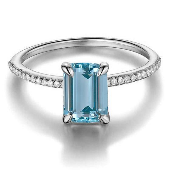 1.25 Carat Emerald Cut Aquamarine and Diamond Engagement Ring in White Gold