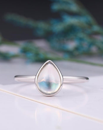 Perfect 1.25 Carat Pear Shape Rainbow Moonstone Solitaire Engagement Ring in White Gold
