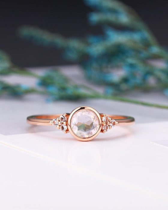 Bestselling 1.10 Carat Round Cut Rainbow Moonstone and 6 Stone Diamond Engagement Ring in Rose Gold