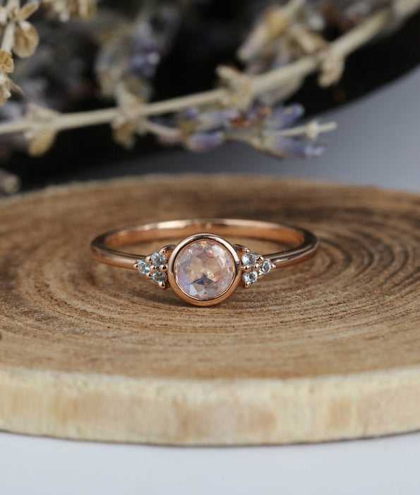 Seven Stone 1.10 Carat Round Cut Rainbow Moonstone and Diamond Bezel Engagement Ring in Rose Gold
