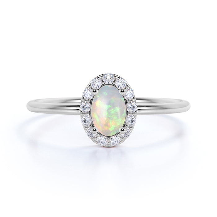 Classic Halo Set Oval Cut Opal and Diamond Stacking Ring in White Gold