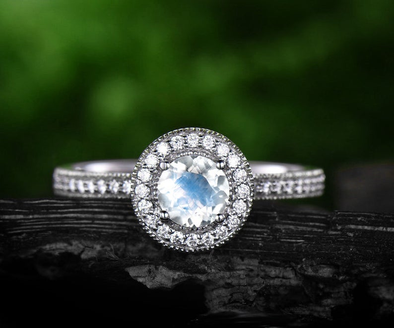Channel Setting 1.50 Carat Round Cut Blue Moonstone and Diamond Halo Engagement Ring in White Gold
