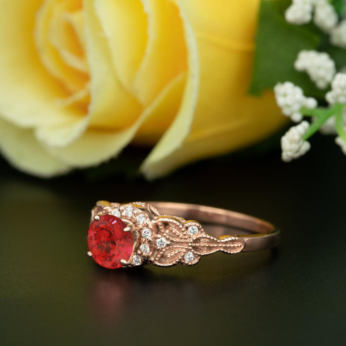 Glamorous 1.25 Carat Round Cut Ruby and Diamond Engagement Ring in 9k Rose Gold