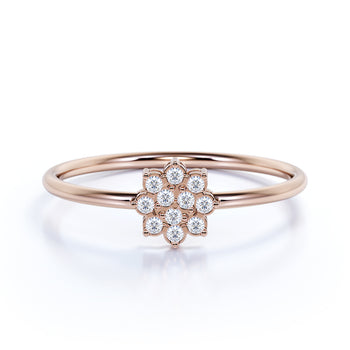Flower Shaped Mini Stacking Ring with Round Diamonds in Rose Gold