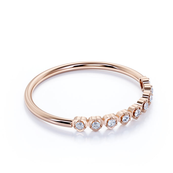 Semi Eternity Heart Shape Wedding Ring Band with Round Shape Diamonds Stacking Ring in rose Gold