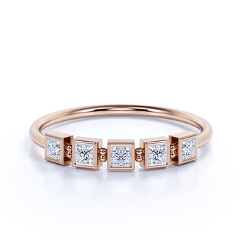 Dainty 5 Stone Princess Cut Diamond  Stacking Wedding Ring Band in Rose Gold