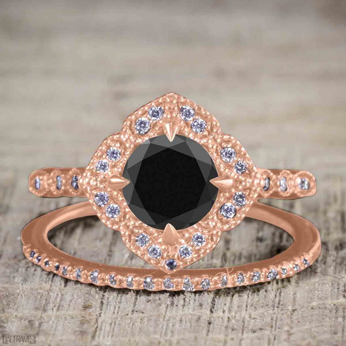 1.50 Carat Round Cut Black Diamond Semi Eternity Wedding Ring Set in Rose Gold