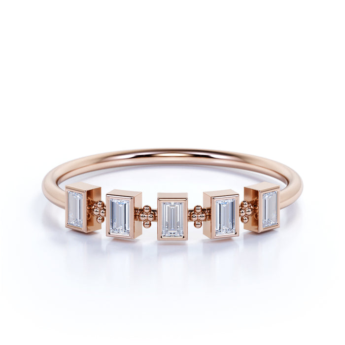 Unique 5 Stone Mini Stackable Wedding Ring Band with Emerald Cut Diamonds in Rose Gold