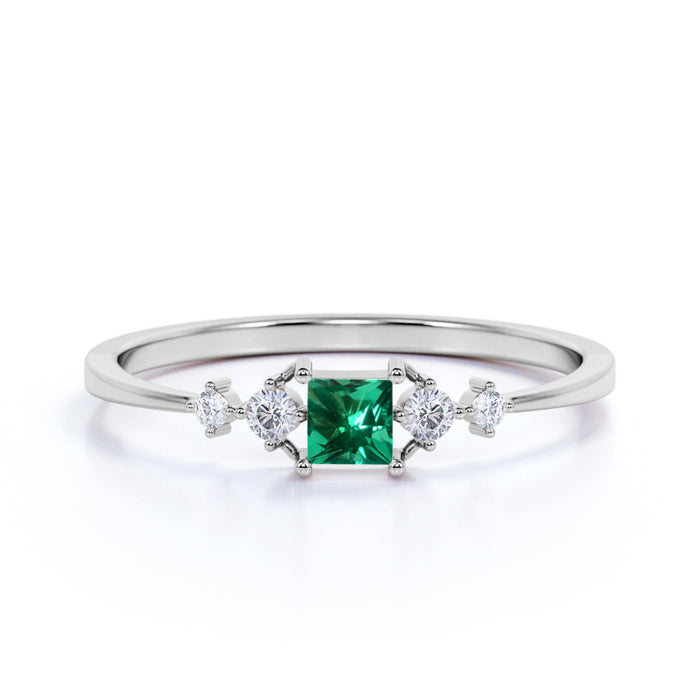 Charming Princess Cut Emerald and Diamond Stacking Wedding Ring in White Gold