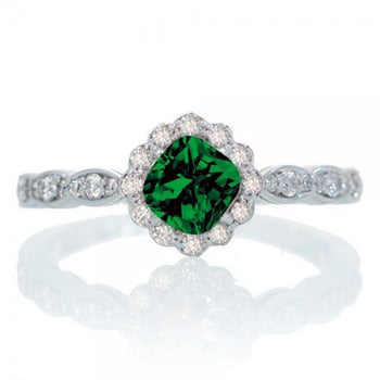 1.25 Carat Cushion Cut Classic Flower Design Antique Emerald and Diamond Engagement Ring