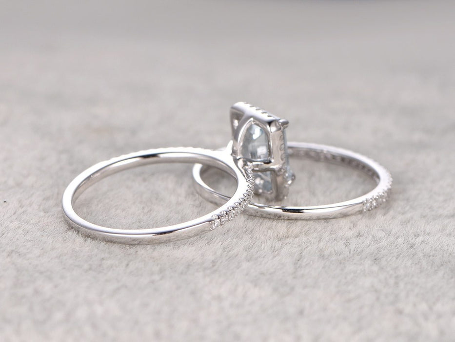 Perfect 2 Carat Emerald Cut Aquamarine and Diamond Bridal Ring Set in White Gold