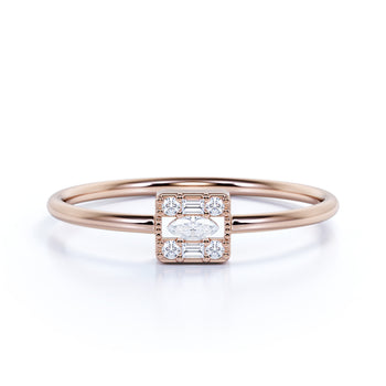 Unique 7 Stone Stackable Dainty Ring with White Diamonds in Rose Gold