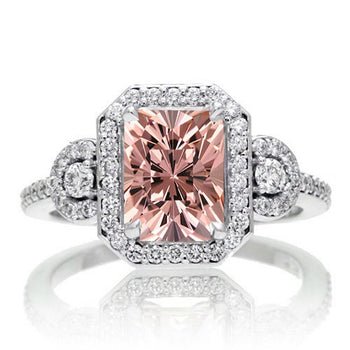 1.50 Carat Emerald Cut Morganite and Diamond Engagement Ring in White Gold