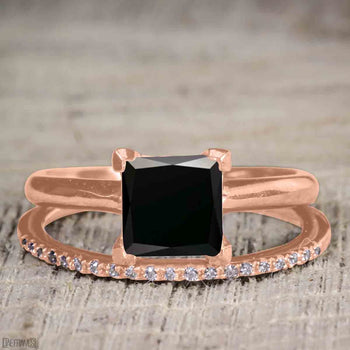 Unique 1.25 Carat Princess Cut Black Diamond Bridal Ring Set with Semi Eternity Band in Rose Gold