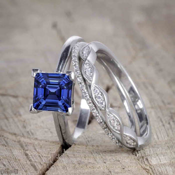 1.50 Carat Princess Cut Sapphire and Diamond Trio Wedding Ring Set for Women in White Gold