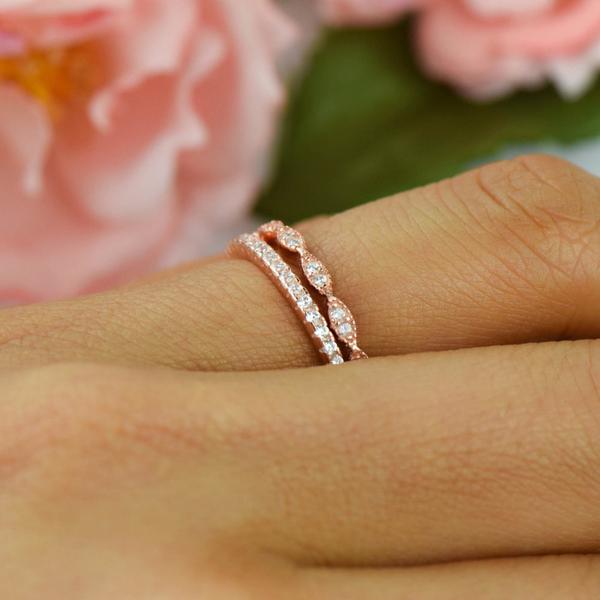 0.5 Carat Art Deco Half Eternity Wedding Band Set in White Rose over Sterling Silver