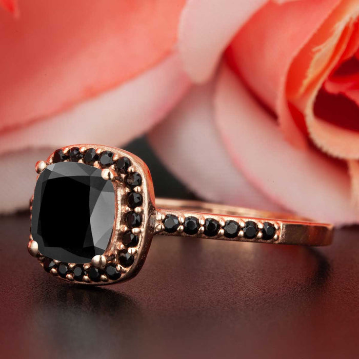 Modern 1.25 Carat Cushion Cut Black Diamond and Diamond Engagement Ring in Rose Gold