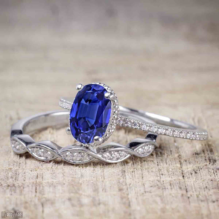 1.25 Carat Oval Cut Sapphire and Diamond Wedding Ring Set in White Gold