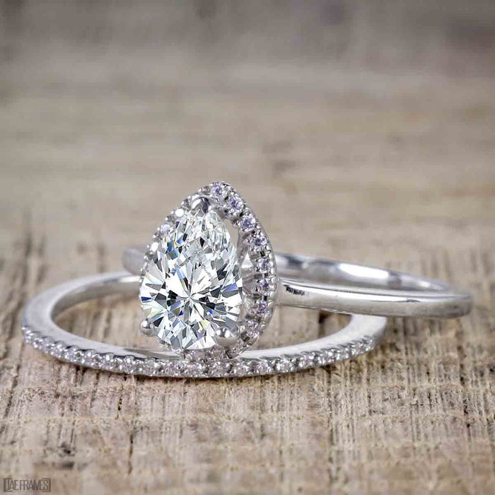 Unique 2 Carat Pear Cut Moissanite and Diamond Halo Wedding Ring Set for Her in White Gold