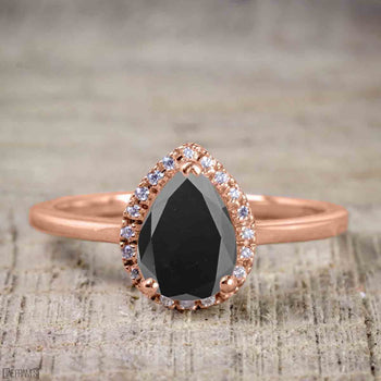 Affordable 1.25 Carat Pear Cut Black Diamond Antique Engagement Ring in Rose Gold