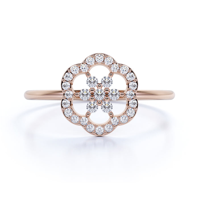 Camellia Flower Stacking Ring with Round Diamonds in Rose Gold