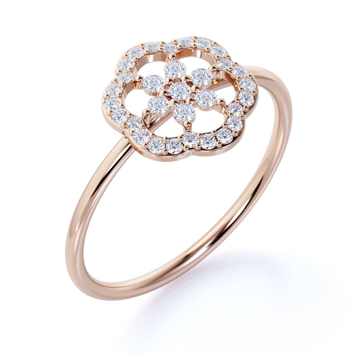 Camellia Flower Stacking Ring with Round Diamonds in Rose Gold