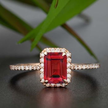 Exquisite 1.25 Carat Emerald Cut Ruby and Diamond Engagement Ring in 9k Rose Gold