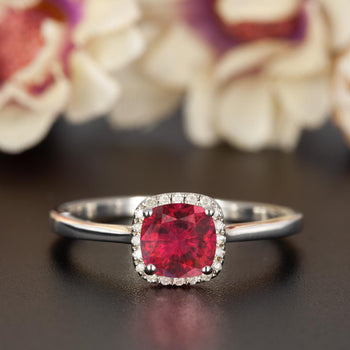 Splendid 1.25 Carat Cushion Cut Ruby and Diamond Engagement Ring in 9k White Gold