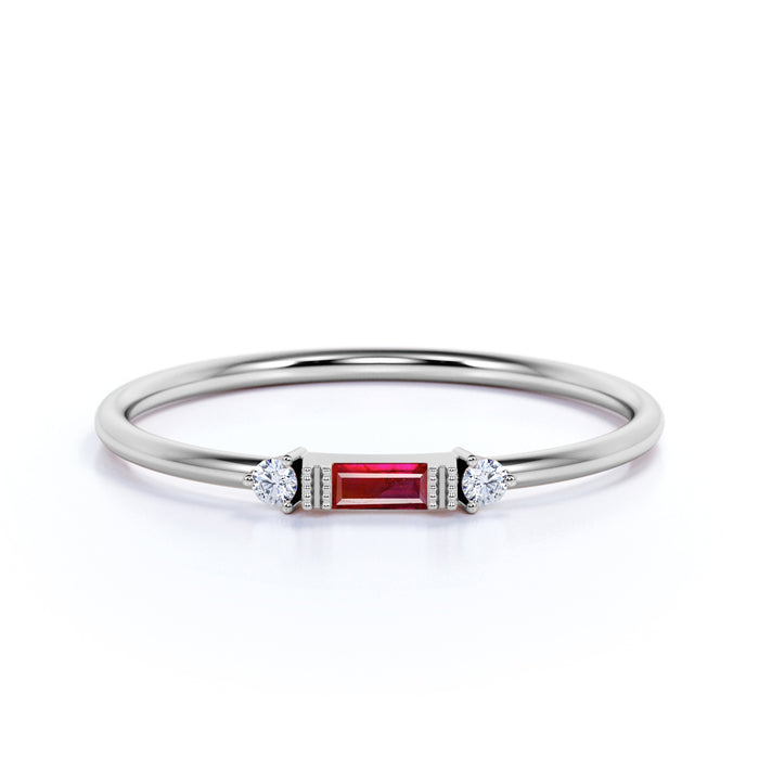 Simple Ruby and Diamond Trio Stacking Wedding  Ring in White Gold