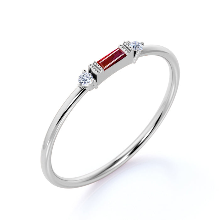 Simple Ruby and Diamond Trio Stacking Wedding  Ring in White Gold