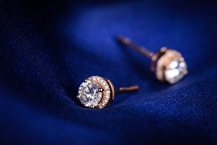 2.50 Carat Round Cut Moissanite and Diamond Halo Stud Earrings in Rose Gold