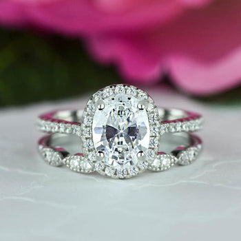 1.5 Carat Oval Cut Art Deco Halo Wedding Ring Set in White Gold over Sterling Silver