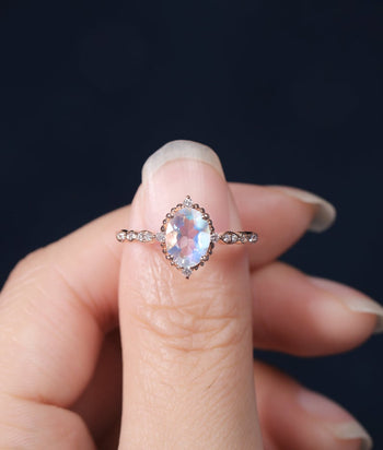 Vintage Inspired 1.25 Carat Oval Cut Rainbow Moonstone and Diamond Engagement Ring in Rose Gold