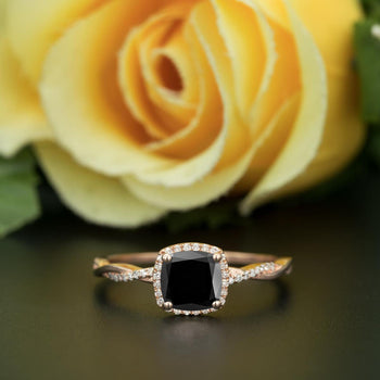 Unique 1.25 Carat Cushion Cut Black Diamond and Diamond Engagement Ring in Rose Gold