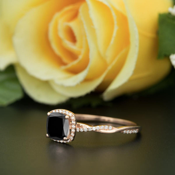Unique 1.25 Carat Cushion Cut Black Diamond and Diamond Engagement Ring in Rose Gold