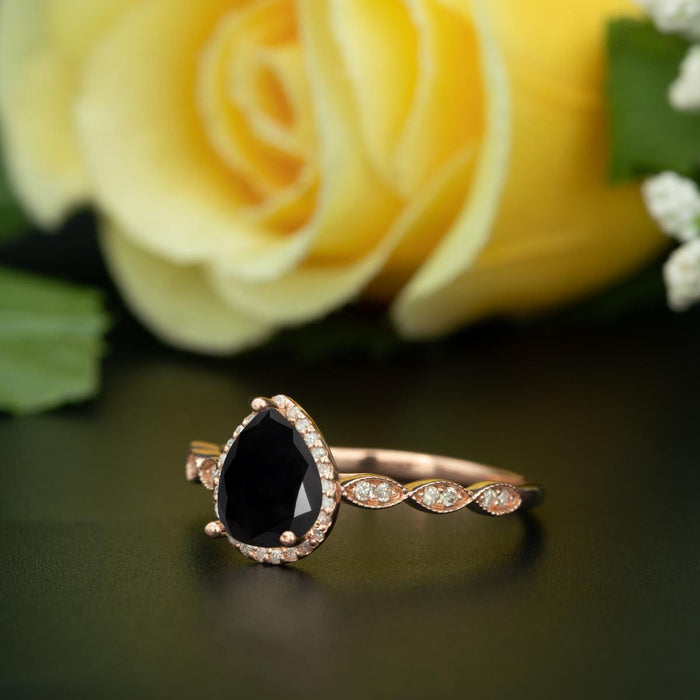 1.25 Carat Pear Cut Halo Black Diamond and Diamond Engagement Ring in Rose Gold Vintage Ring