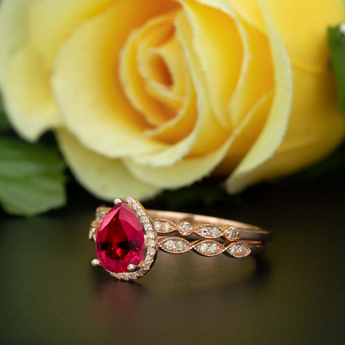 1.5 Carat Pear Cut Halo Ruby and Diamond Wedding Ring Set in 9k Rose Gold Vintage Ring
