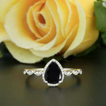 1.25 Carat Pear Cut Halo Black Diamond and Diamond Engagement Ring in White Gold Vintage Ring