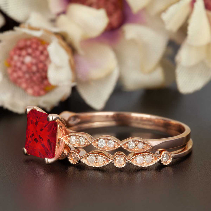 Celebrity 1.5 Carat Princess Cut Ruby and Diamond Wedding Ring Set in 9k Rose Gold