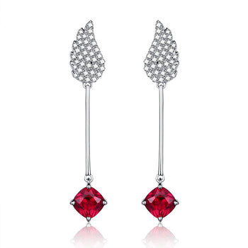 Angel Wing 2.25 Carat Cushion Cut Ruby and Diamond Drop Stud Earrings in White Gold