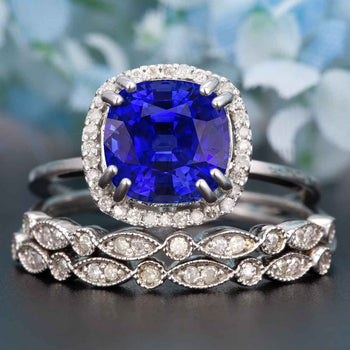 2 Carat Cushion Cut Halo Sapphire and Diamond Trio Wedding Ring Set in White Gold