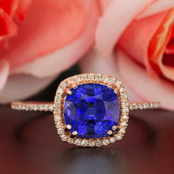 1.25 Carat Cushion Cut Halo Sapphire and Diamond Engagement Ring in Rose Gold Designer Ring