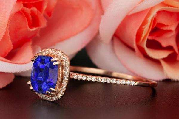 1.25 Carat Cushion Cut Halo Sapphire and Diamond Engagement Ring in Rose Gold Designer Ring