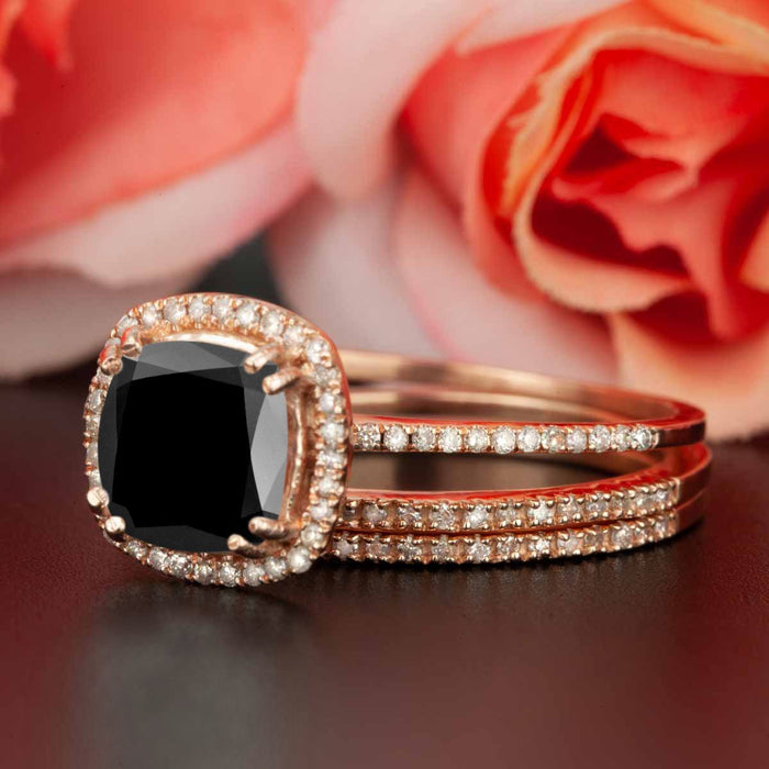 2 Carat Cushion Cut Halo Black Diamond and Diamond Trio Wedding Ring Set in Rose Gold Designer Ring