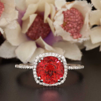 1.25 Carat Cushion Cut Halo Ruby and Diamond Engagement Ring in 9k White Gold Designer Ring