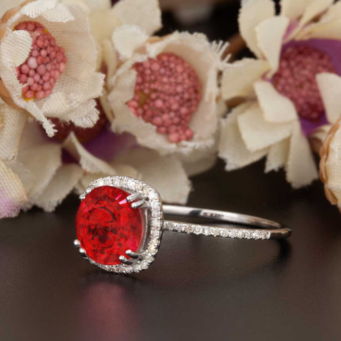 1.25 Carat Cushion Cut Halo Ruby and Diamond Engagement Ring in 9k White Gold Designer Ring