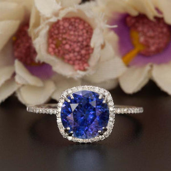 1.25 Carat Cushion Cut Halo Sapphire and Diamond Engagement Ring in White Gold Designer Ring