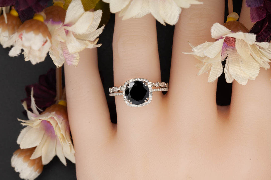 1.5 Carat Cushion Cut Halo Black Diamond and Diamond Ring with Classic Wedding Band in 9k White Gold