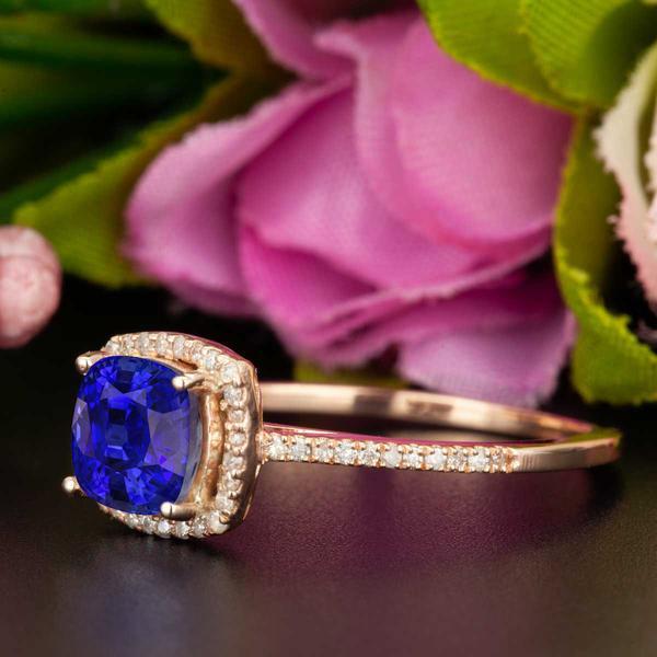 1.25 Carat Cushion Cut Halo Sapphire and Diamond Engagement Ring in Rose Gold for Women
