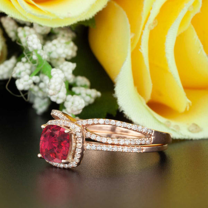 2 Carat Cushion Cut Halo Ruby and Diamond Bridal Ring Set in 9k Rose Gold for Women